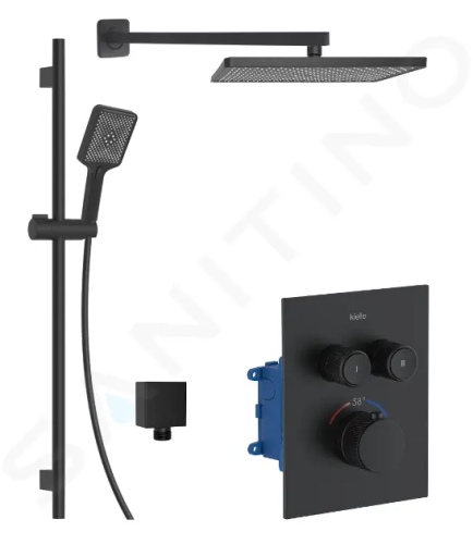 kielle Arkas I Sprchový set s termostatickou baterií pod omítku, pro 2 spotřebiče, s příslušenstvím a tělesem, matná černá, 20611SPT14