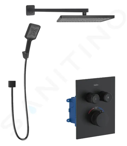 kielle Arkas I Sprchový set s termostatickou baterií pod omítku, pro 2 spotřebiče, s příslušenstvím a tělesem, matná černá, 20611SPT24