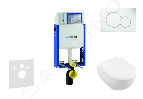 Geberit Kombifix Modul pro závěsné WC s tlačítkem Sigma01, alpská bílá + Villeroy Boch - WC a sedátko, DirectFlush, SoftClose, CeramicPlus, 110.302.00.5 NI1
