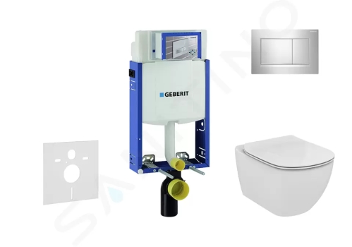 Geberit Kombifix Modul pro závěsné WC s tlačítkem Sigma30, lesklý chrom/chrom mat + Ideal Standard Tesi - WC a sedátko, Aquablade, SoftClose, 110.302.00.5 NU6
